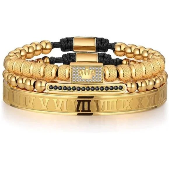 New 3PCS Mens Luxury Gold Crown Bracelets - Picture 2 of 6